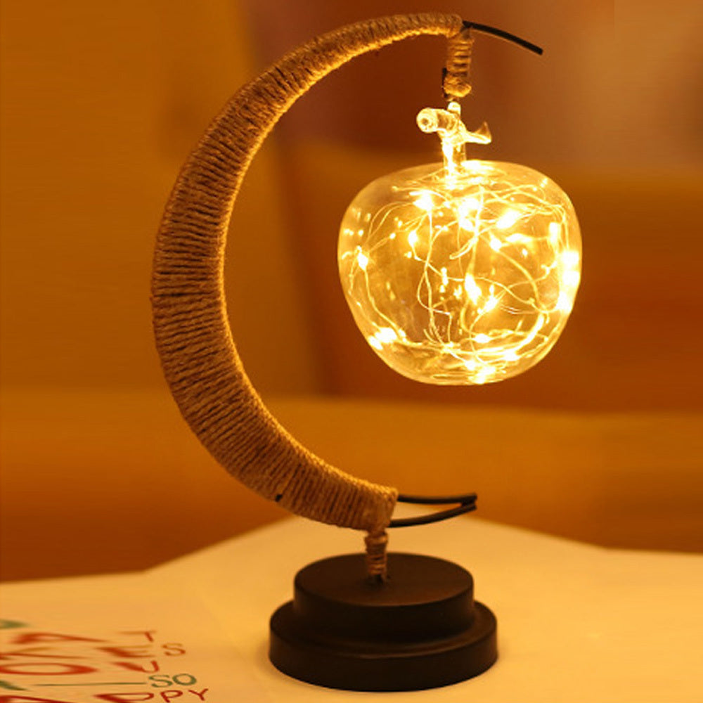 Moon shaped desk night lamp with hanging warm light apple