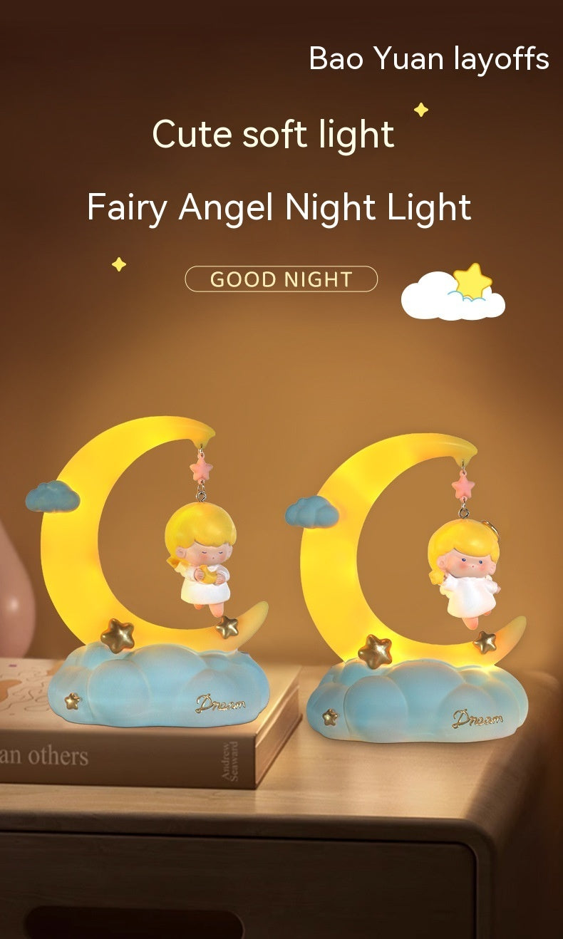Cute soft light text and two little angel moon shaped bedside lamps