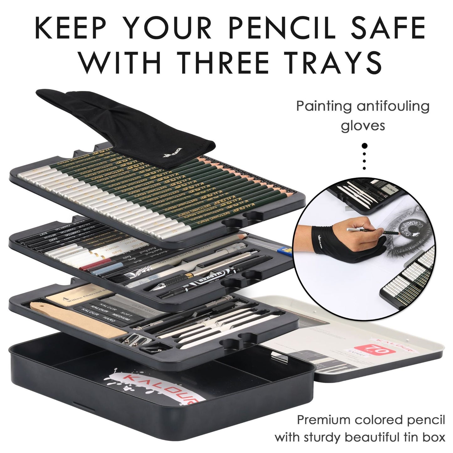 Sketch pencil set open case showing three trays