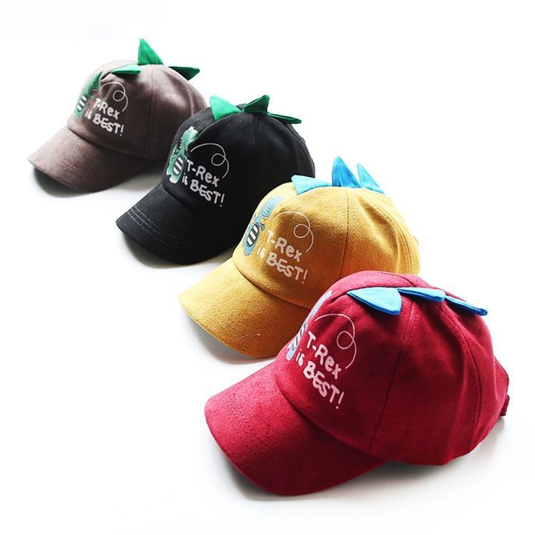 Yellow, Black, Red and Brown T Rex kids caps