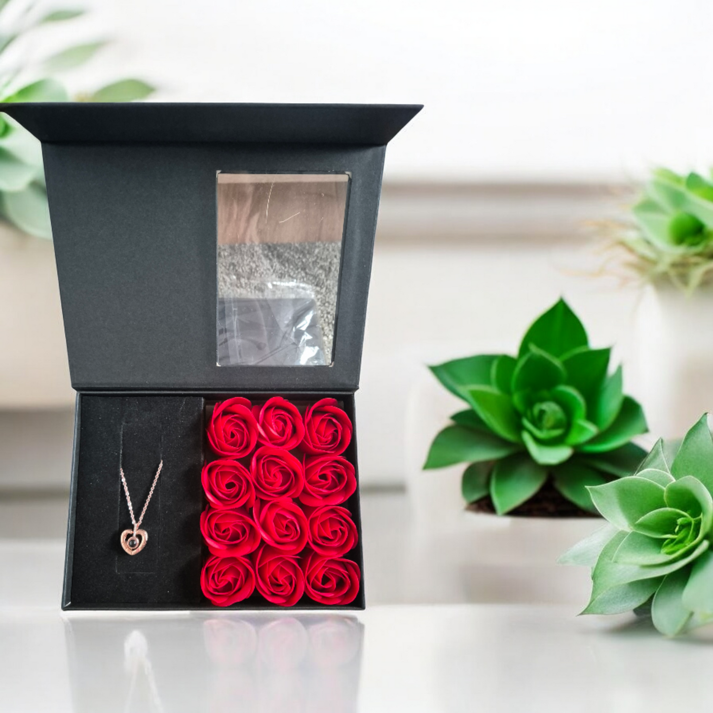 red soap flowers gift box with necklace