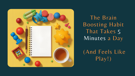A cosy table setting with educational toys, a warm drink, and a journal, symbolising playful learning.