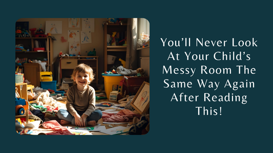 Smiling child surrounded by toys and drawings in a messy bedroom.