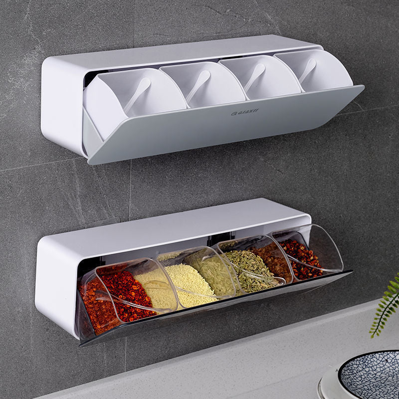 2 White Spice Boxes Set on the wall open with spices