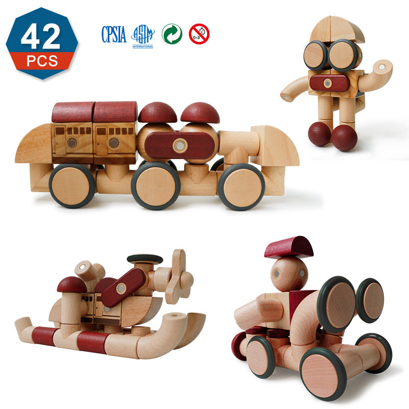 Wooden Magnetic Train Building Blocks Educational Toy