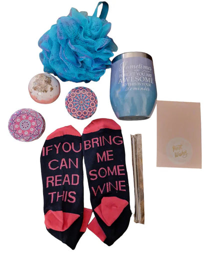 Candles, socks, wine tumbler, bath bomb