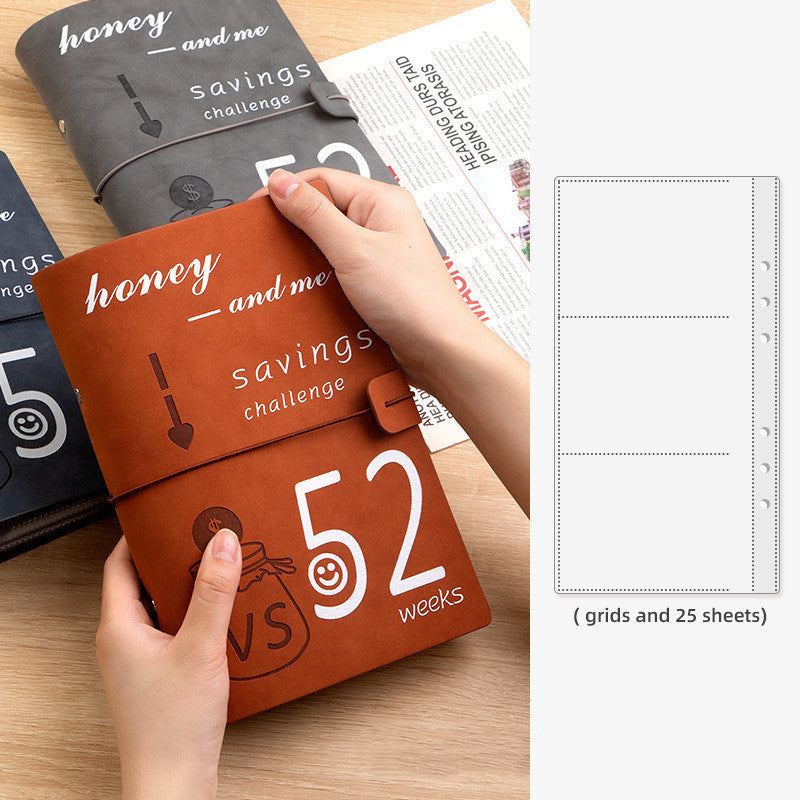 Hands holding brown 52 Weeks Couple Challenge Saving Journal Book