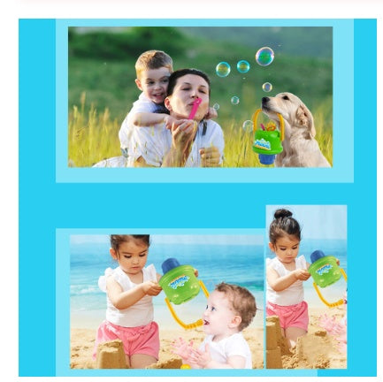 Mom, kid and dog playing with Magical Bubble Toy Bucket
