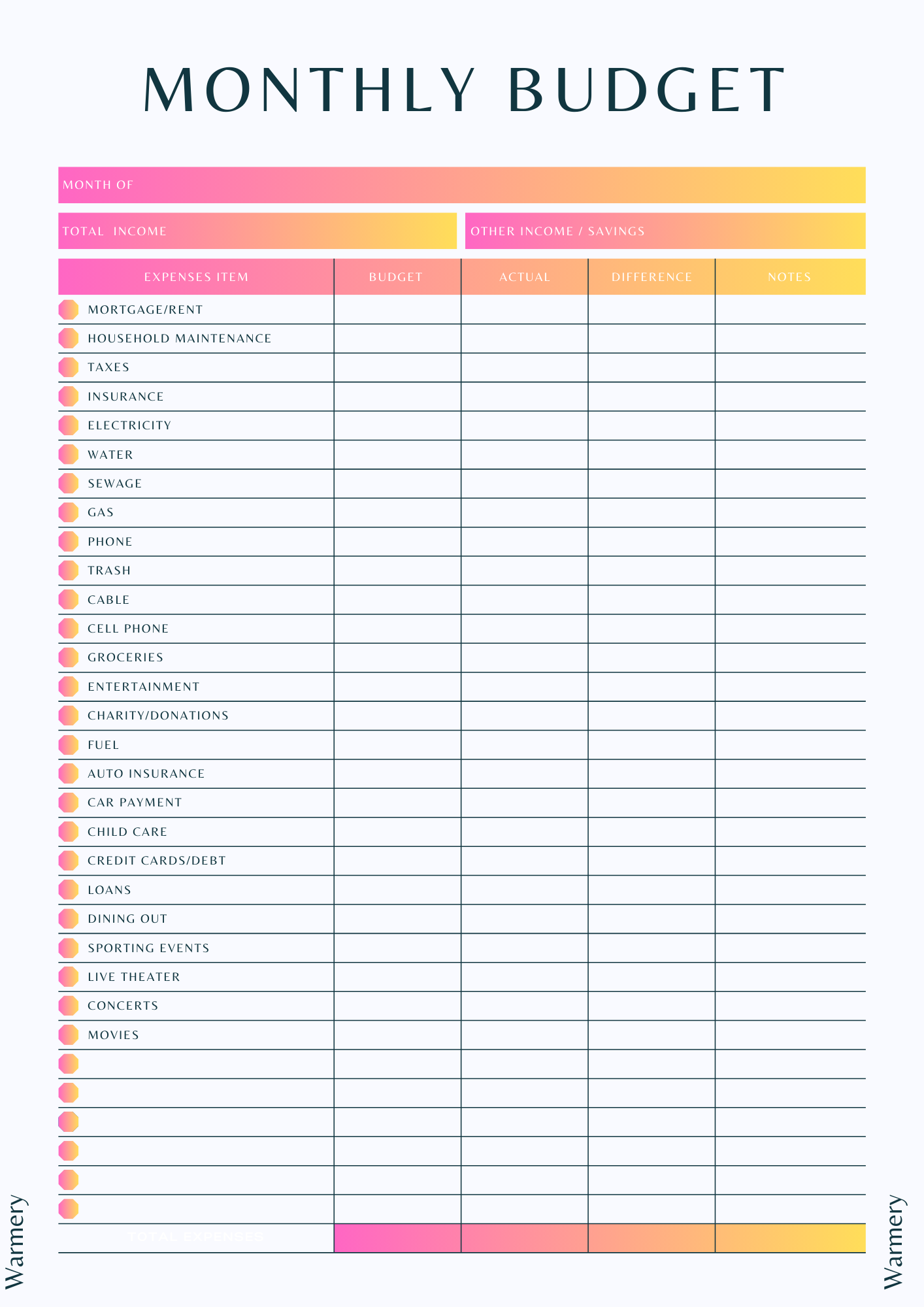 Monthly Budget Template Warmery