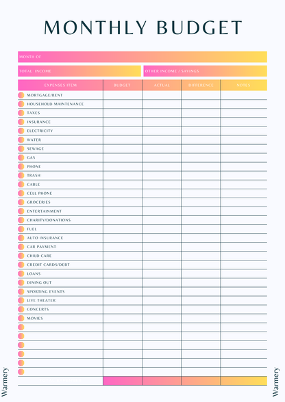 Monthly Budget Template Warmery