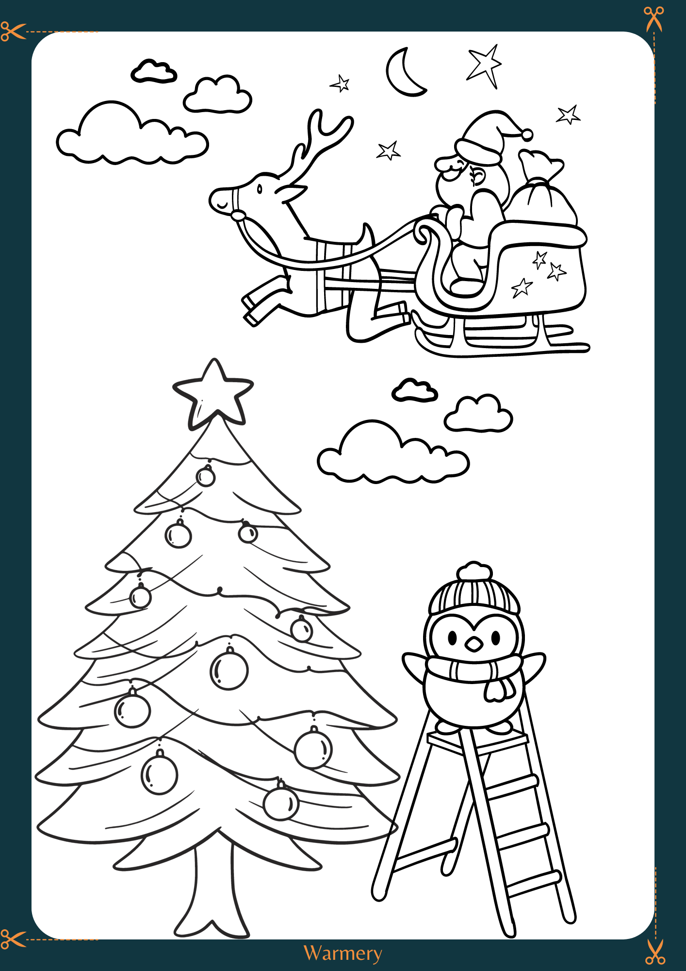 Penguin and Christmas Tree Digital Colouring Template