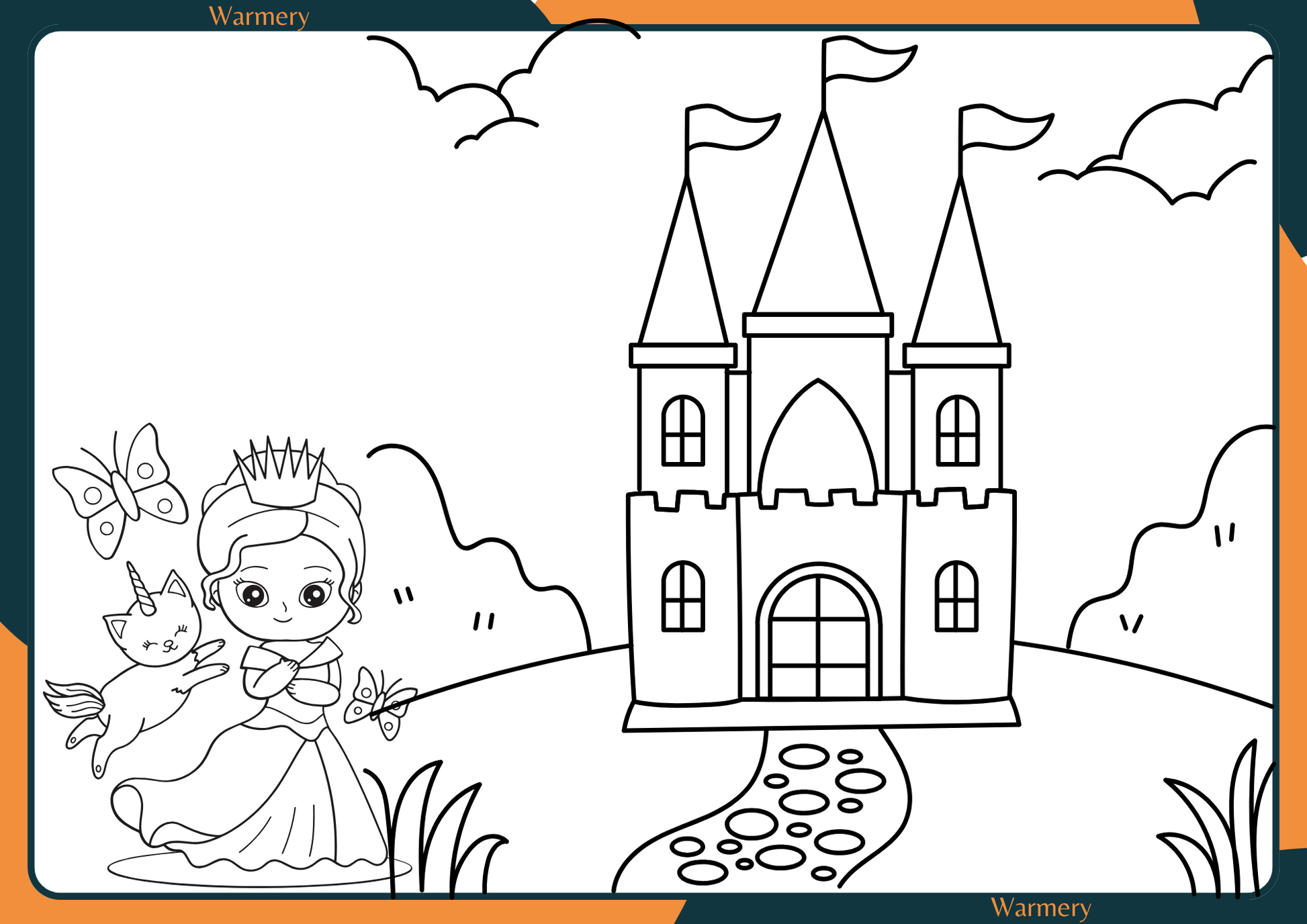 Princess and the castle digital Colouring Sheets