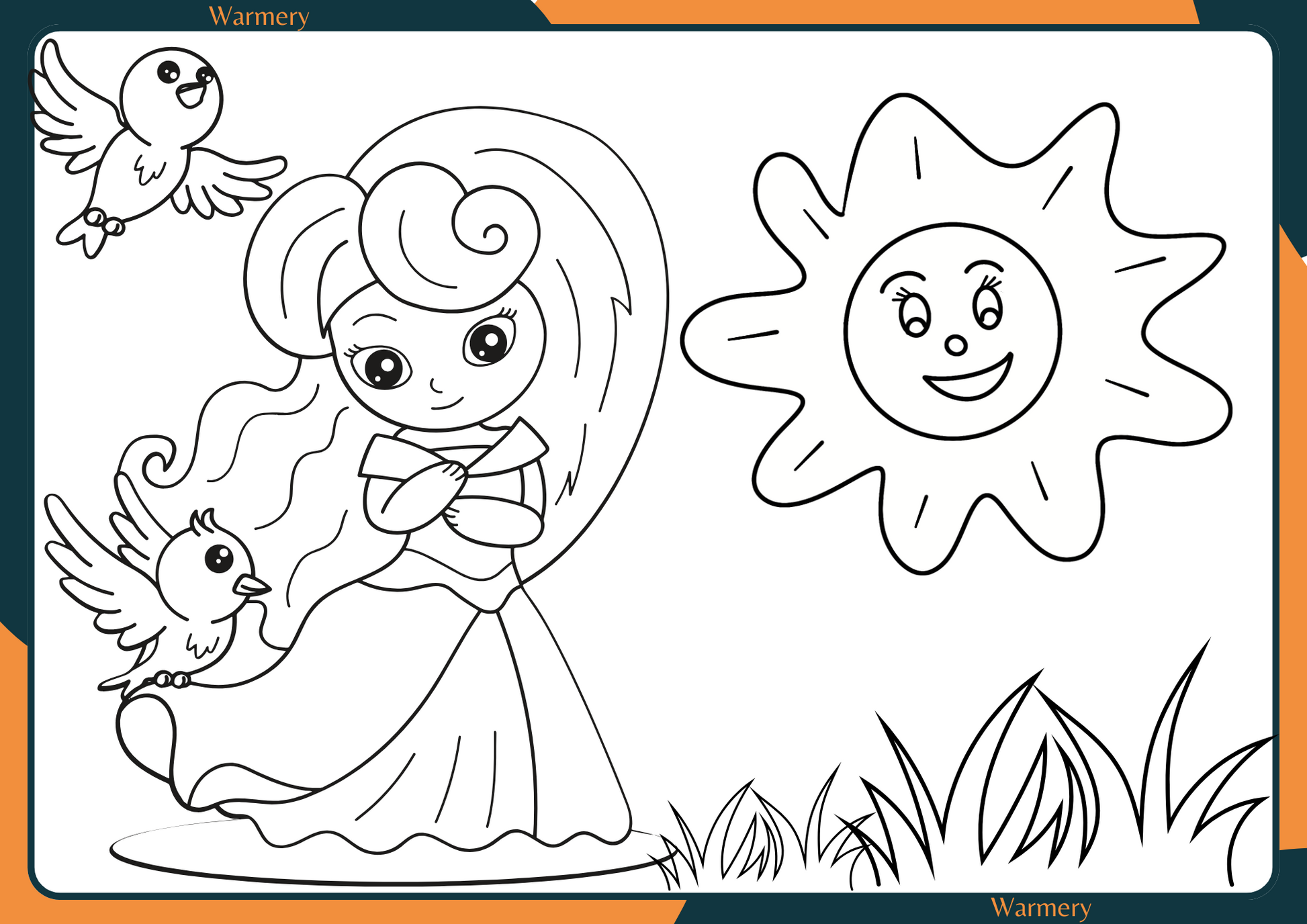 Princess, birds and sun digital Colouring Sheets