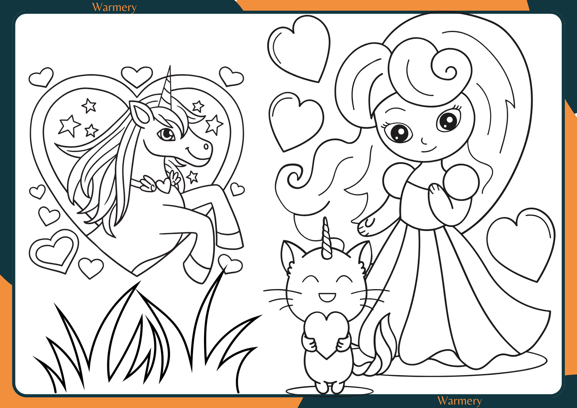 Princess, cat and unicorn digital Colouring Sheets