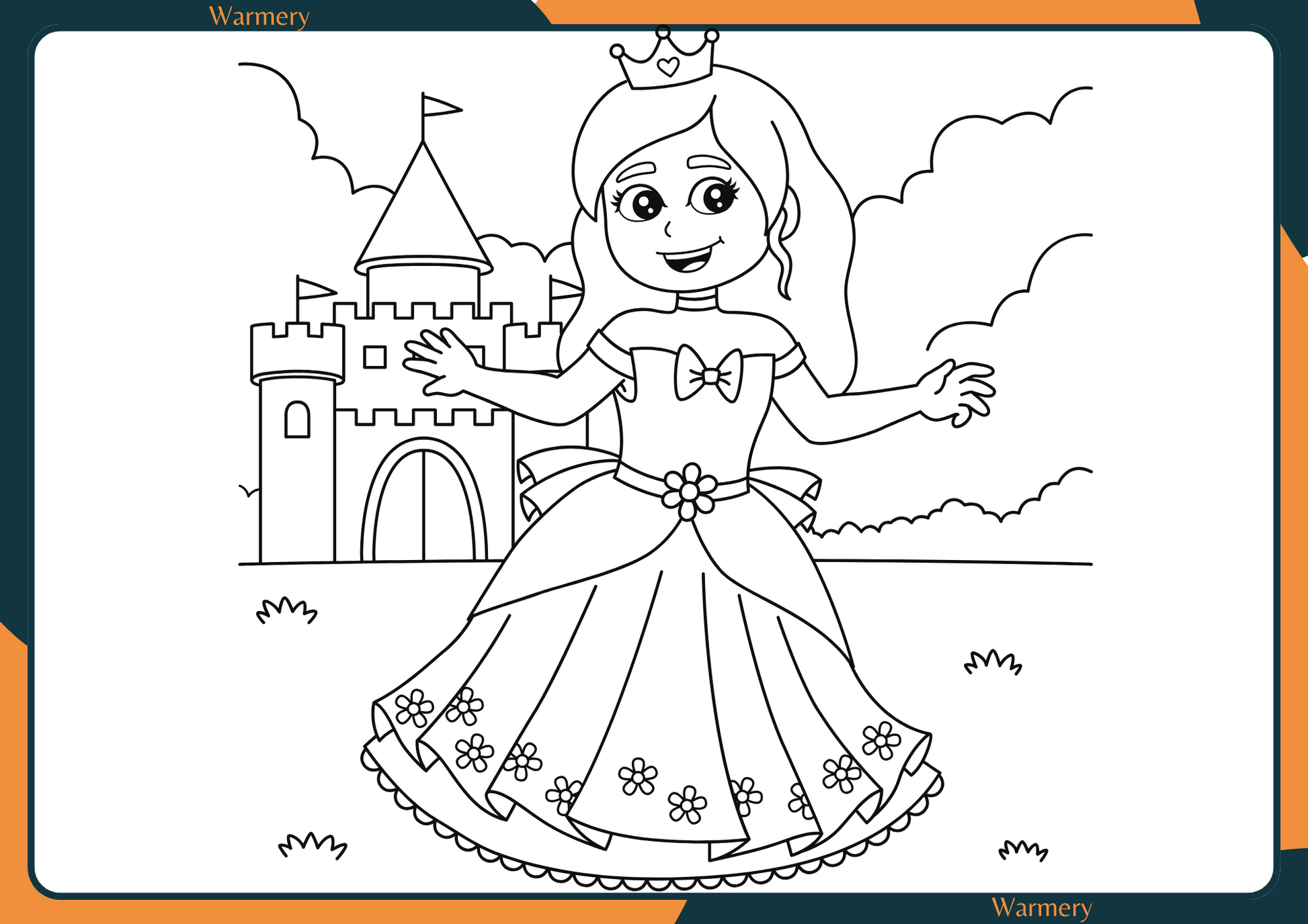 Princess next to a castle digital Colouring Sheets
