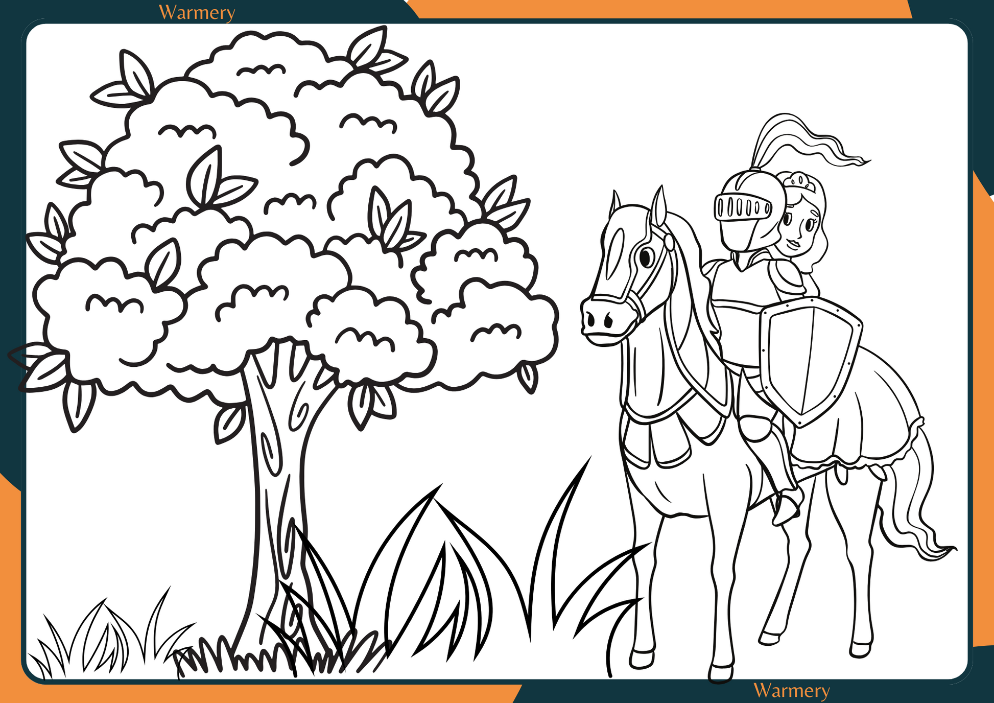 Princess on a horse with a knight digital Colouring Sheets