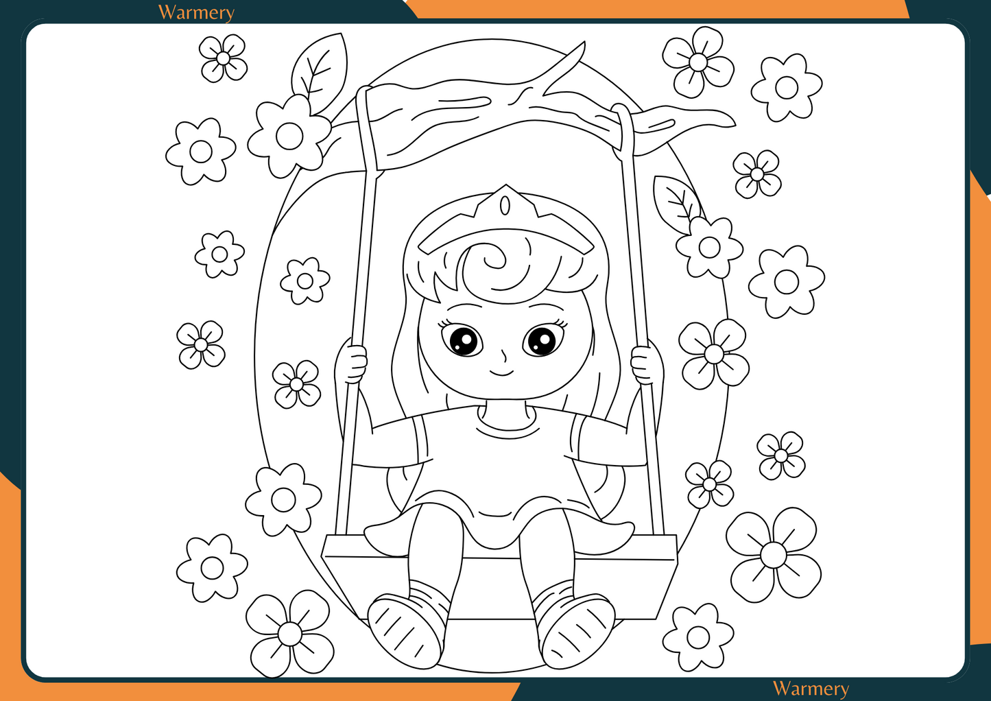 Princess on a swing digital Colouring Sheets