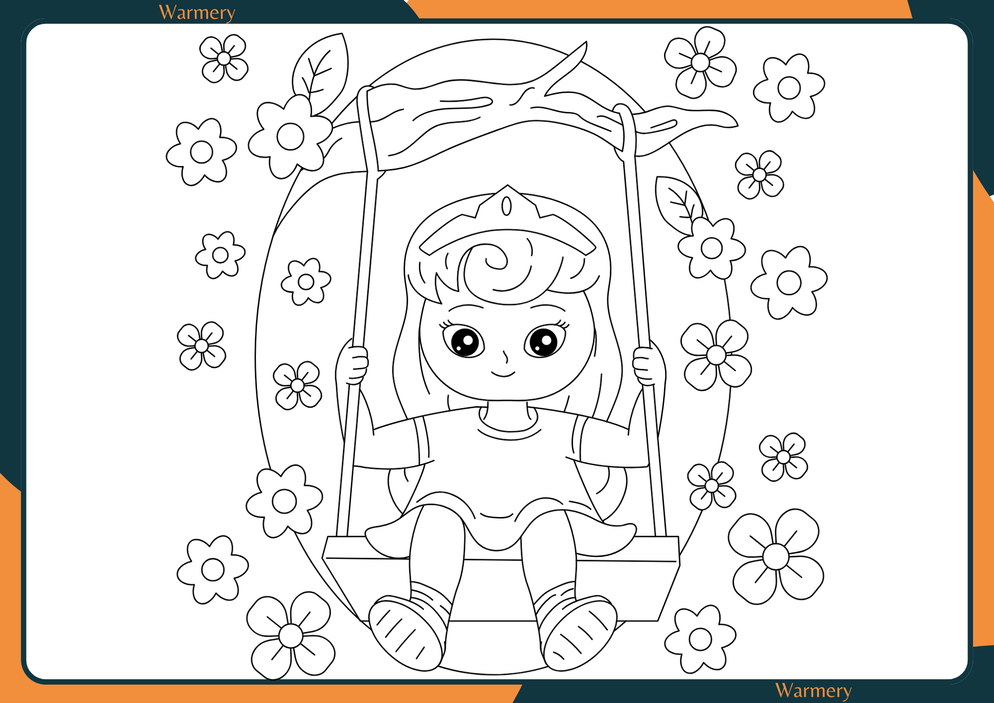 Princess on a swing digital Colouring Sheets