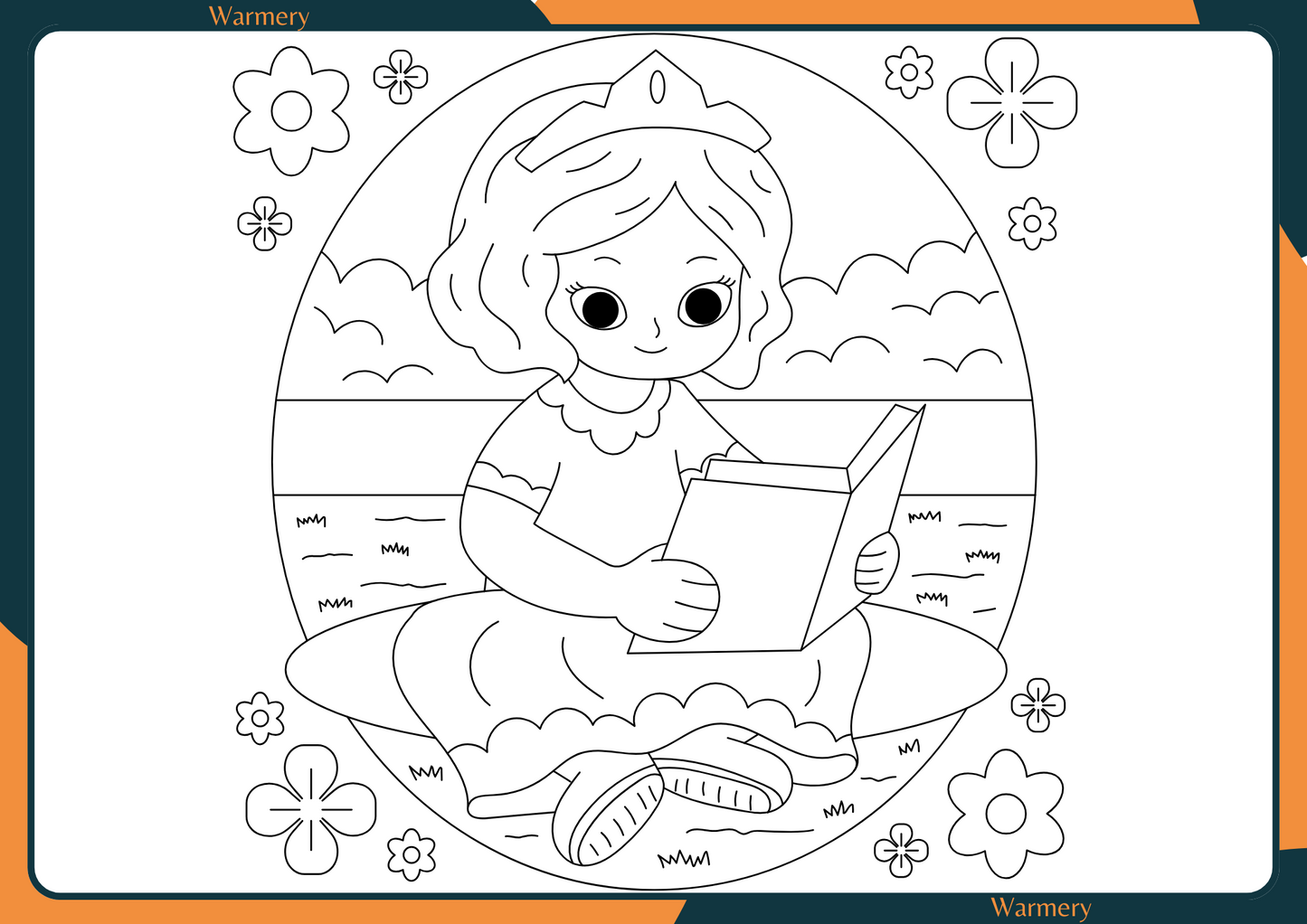 Princess reading a book digital Colouring Sheets