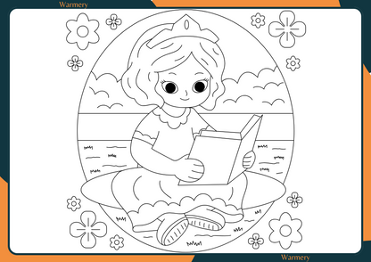 Princess reading a book digital Colouring Sheets