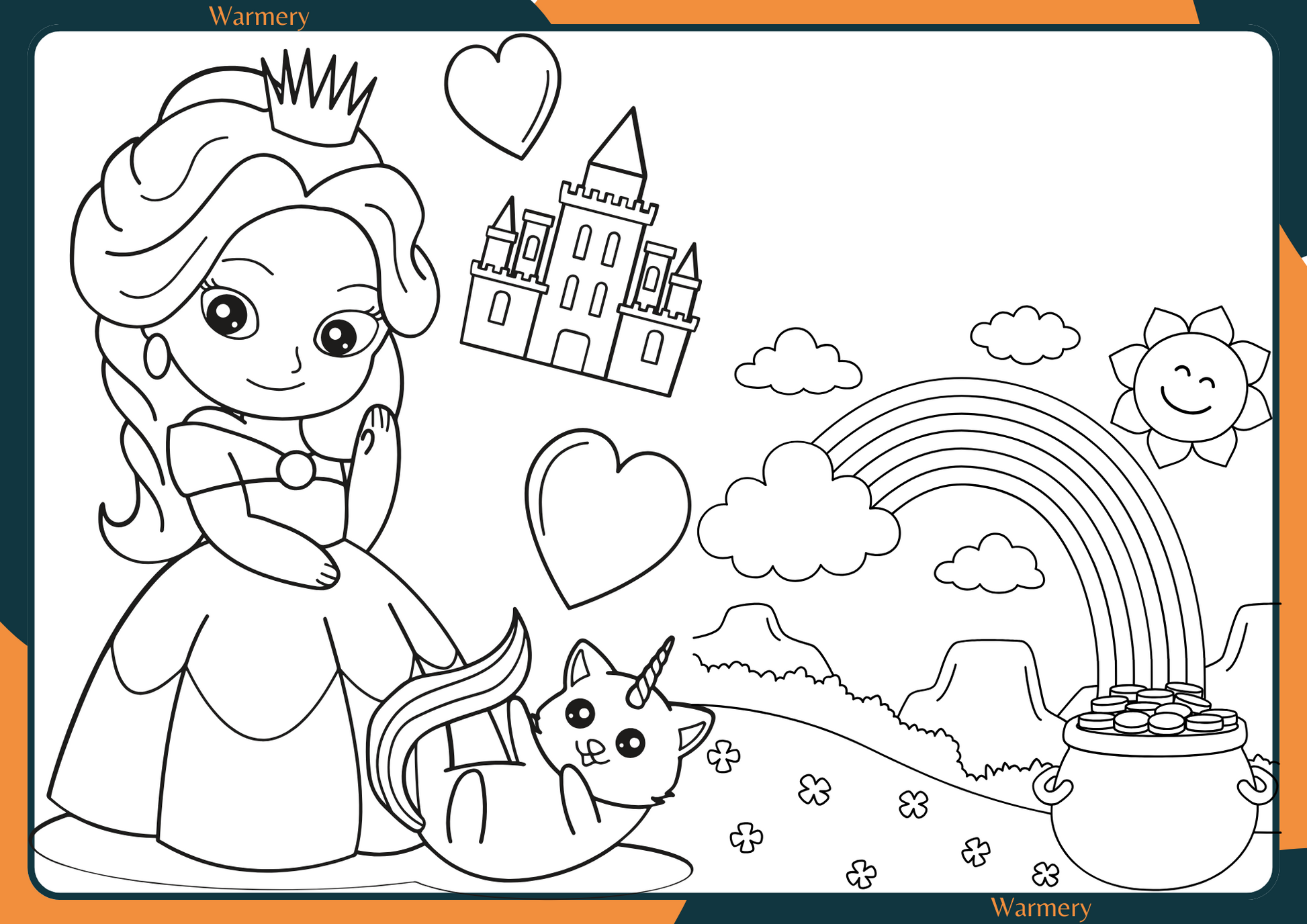 Princess with a cat digital Colouring Sheets