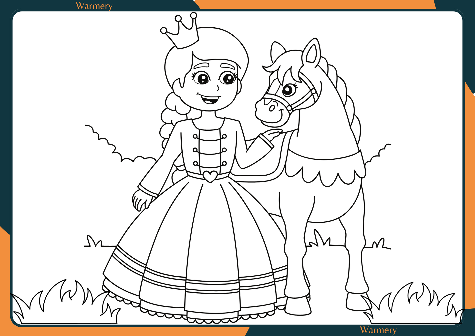Princess with a horse digital Colouring Sheets