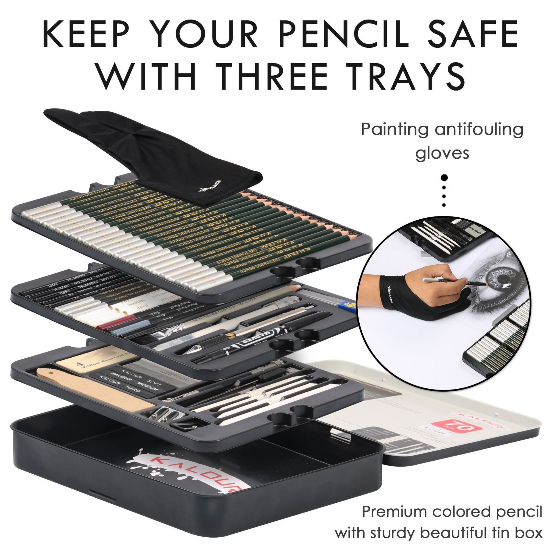 Sketch pencil set open case showing three trays