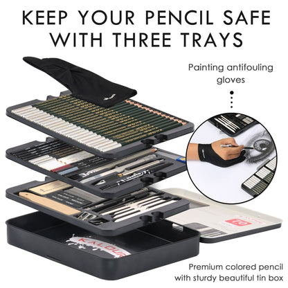 Sketch pencil set open case showing three trays