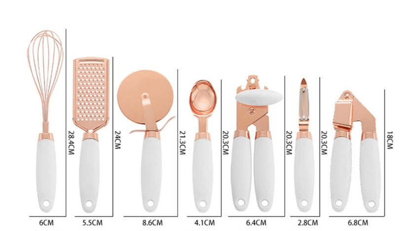 White and copper 7 pcs kitchen utensil set with measurements