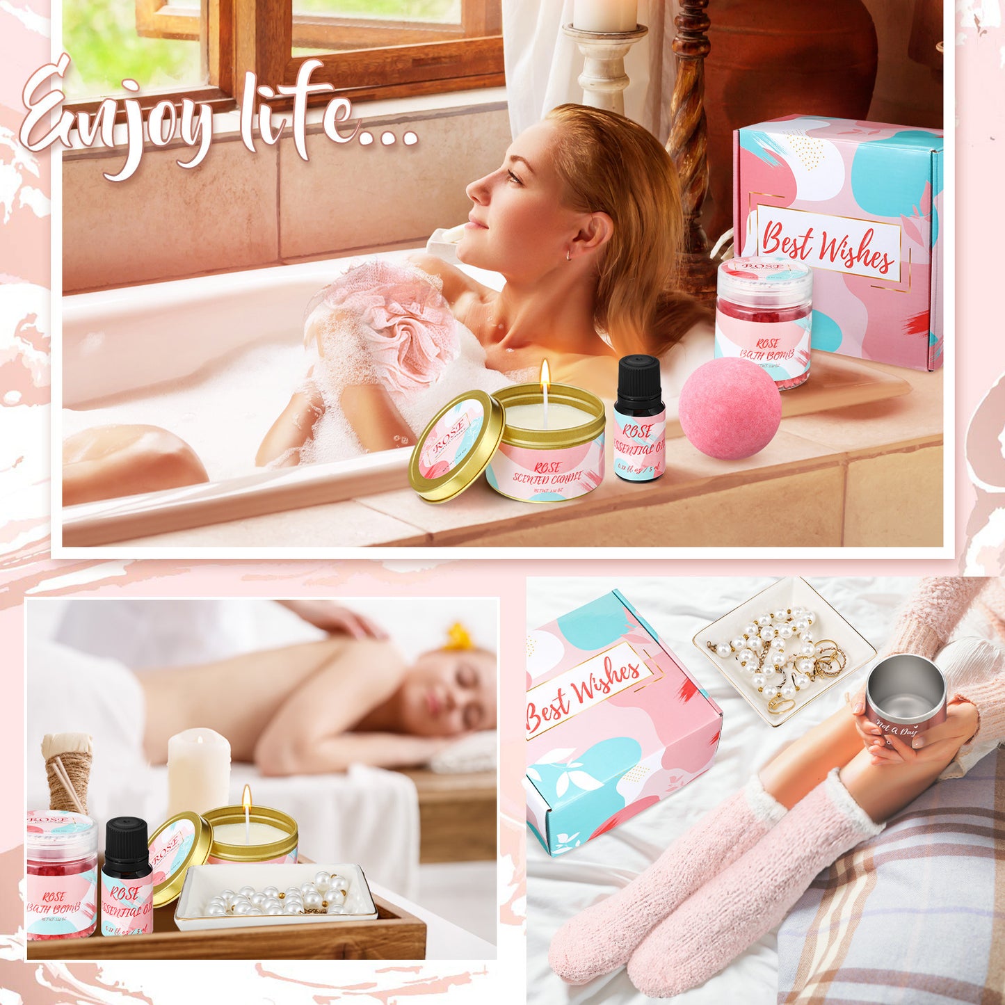 a woman in the bath enjoying the gift set