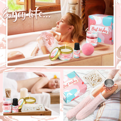 a woman in the bath enjoying the gift set