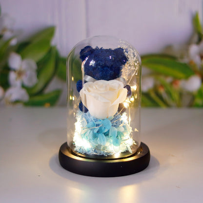 blue preserved rose and teddy bear