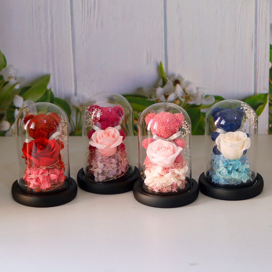 blue, red, bright pink and pink rose and teddy bear valentines day gift