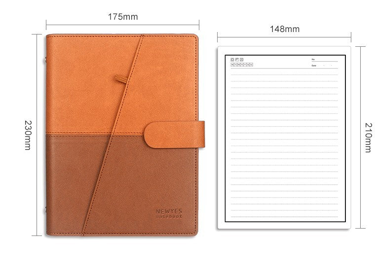 brown rewritable notebook open with page measurements