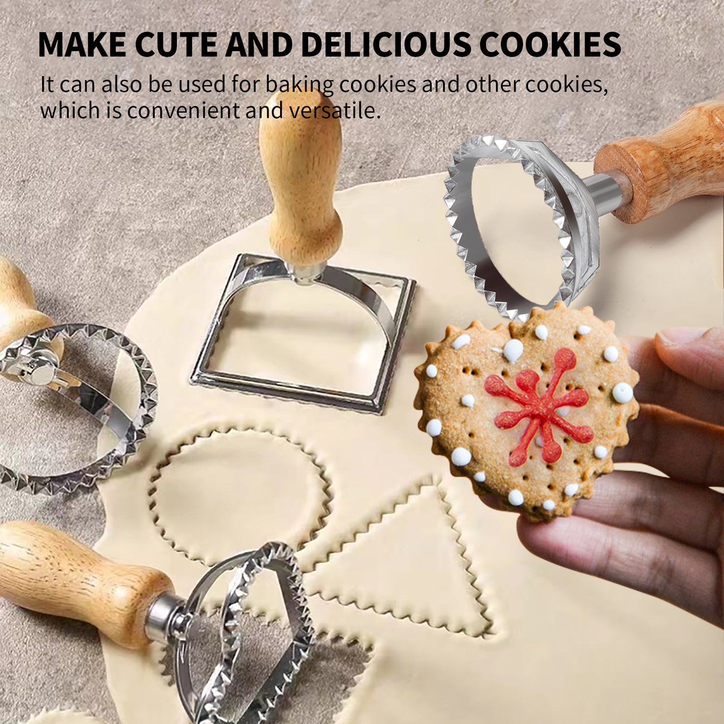 cookie cutter set showing how to use it