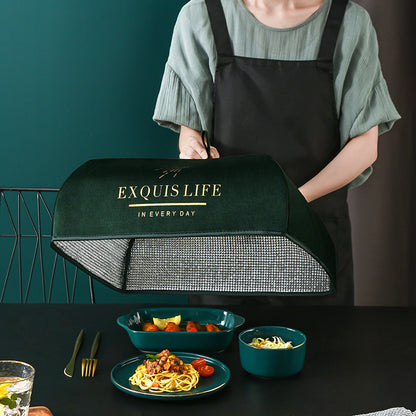 green square style exquis life food cover covering 3 plates of food
