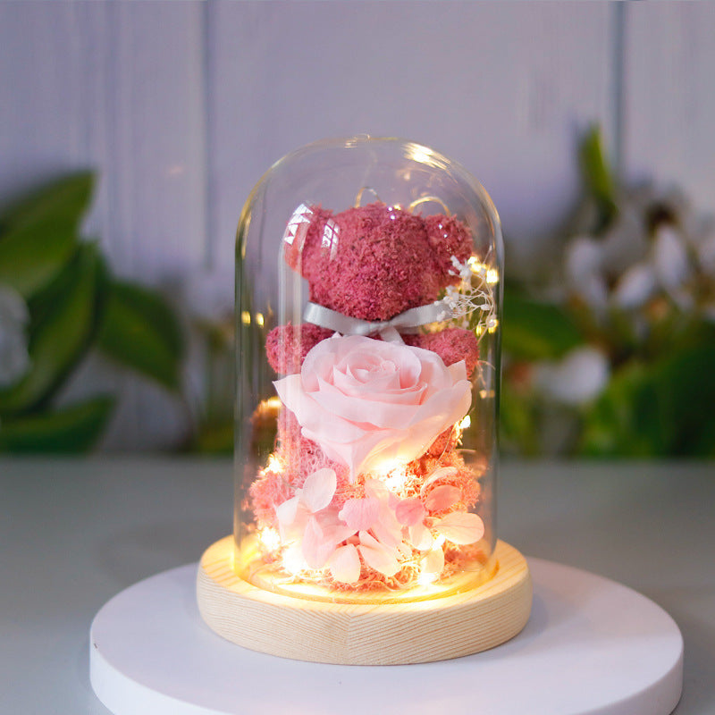 light pink preserved rose and teddy bear