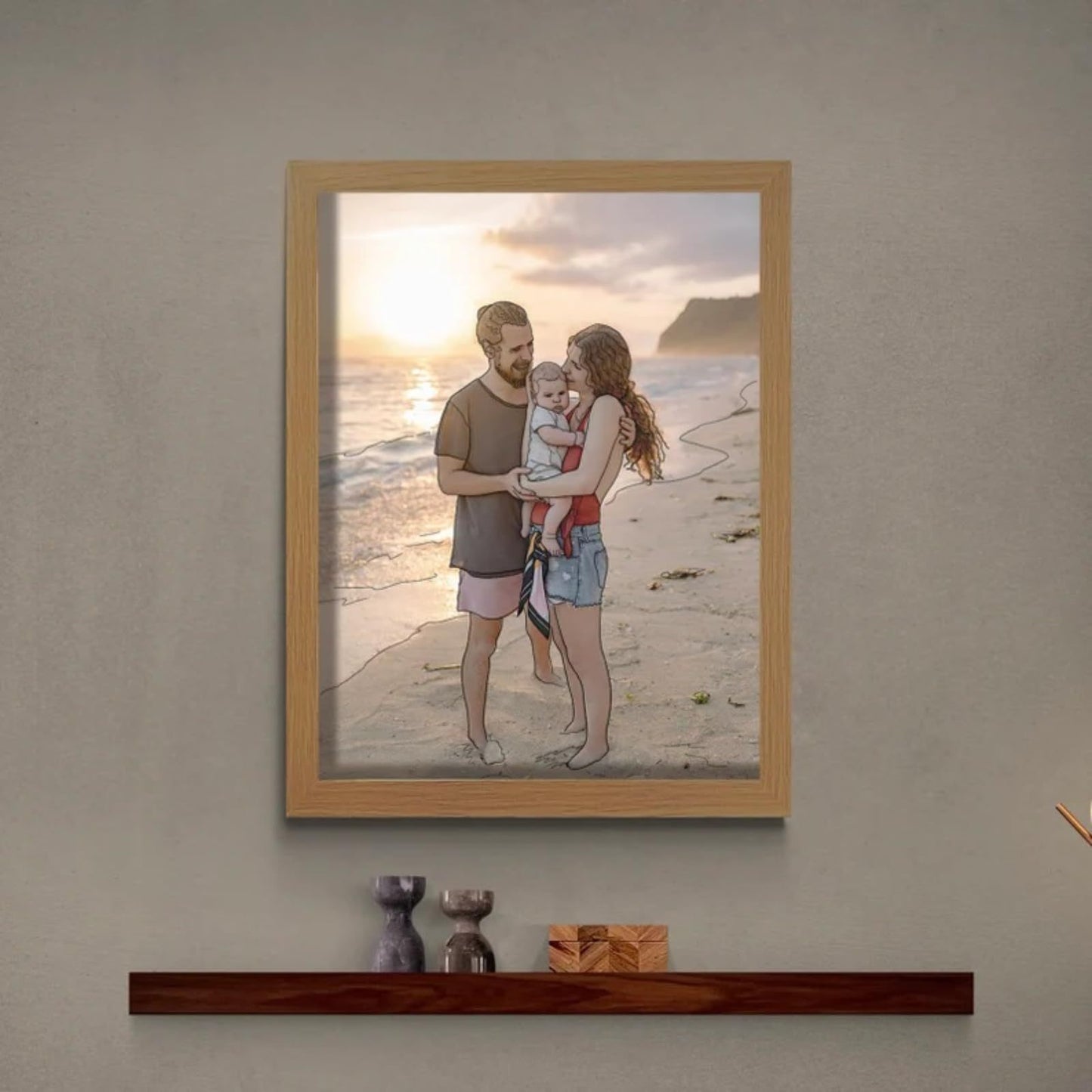photo frame with mom dad and kid on the wall