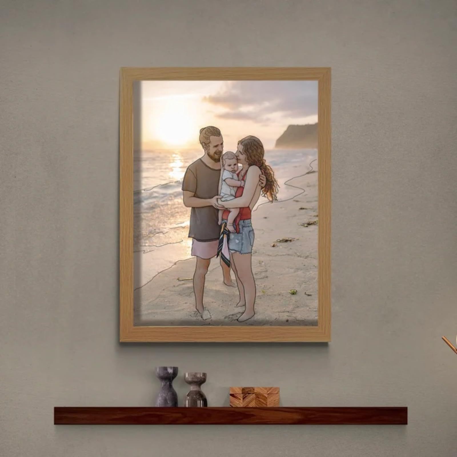 photo frame with mom dad and kid on the wall