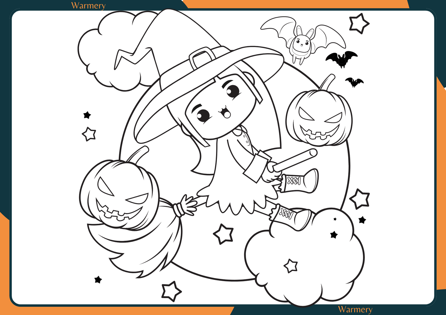 witch on the broom digital colouring sheet