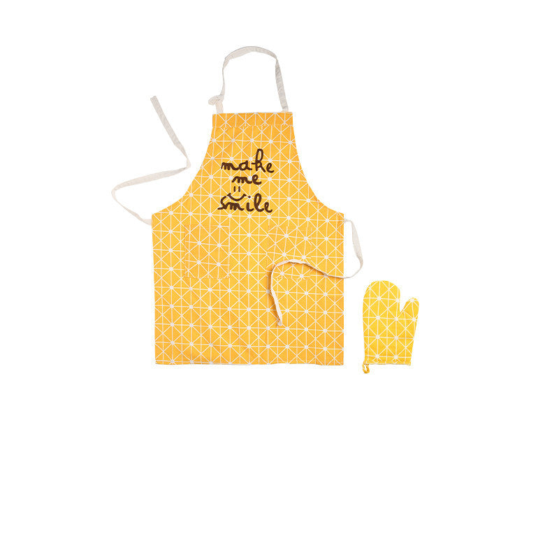 yellow make me smile kitchen apron with an oven mit