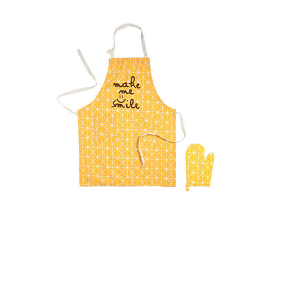 yellow make me smile kitchen apron with an oven mit